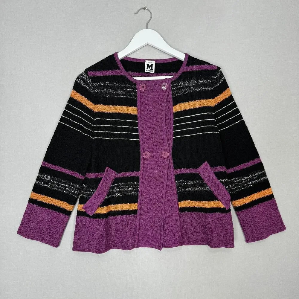Missoni Sweater Womens 8‎ Black Purple Striped Cardigan Pockets Made in Italy